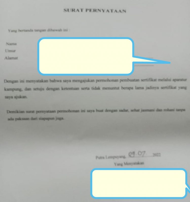 Warga Putra Lempuyang Didesak Aparatur Kampung Tandatangani Surat Perjanjian