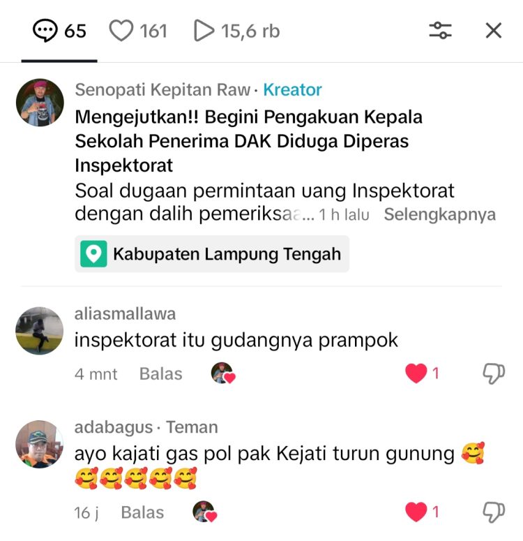 Komentar Pedas Netizen Tanggapi Permintaan Upeti Inspektorat Lamteng, “Itu Gudangnya Perampok”