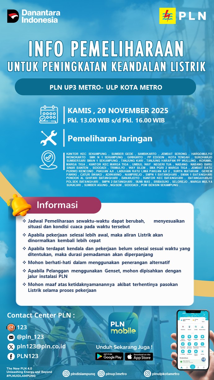 PLN ULP Metro Jadwalkan Pemadaman Pemeliharaan Jaringan Listrik di Wilayah Sekampung, Ini Titiknya?