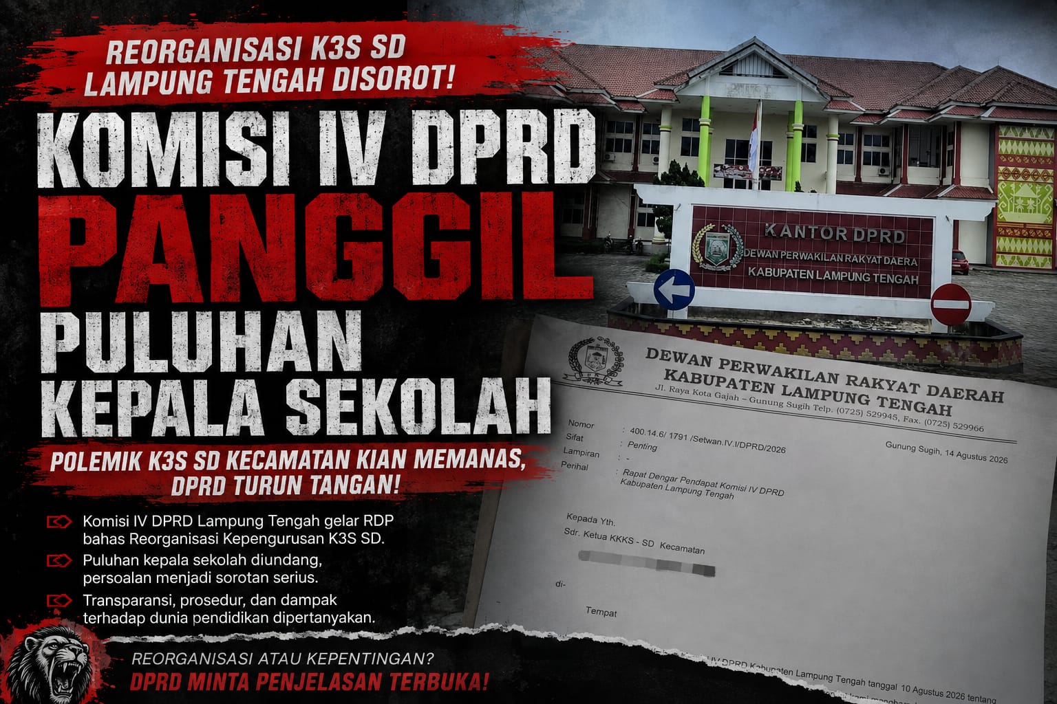 Reorganisasi K3S SD Lampung Tengah Disorot, Komisi IV DPRD Panggil Puluhan Kepala Sekolah